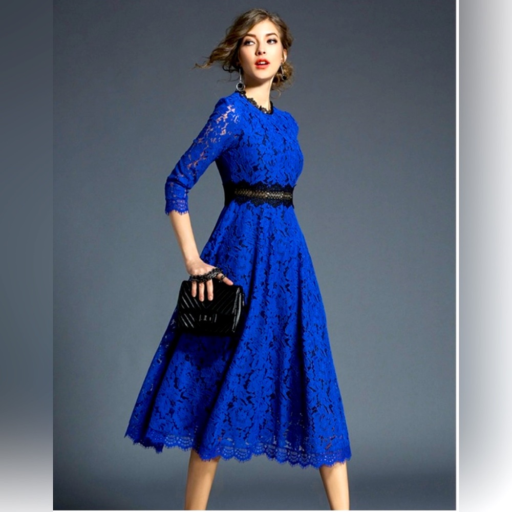 Elegant Luxury Blue Lace A-line Dress 👗
